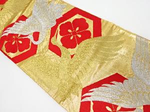 アンティーク　鶴に花菱亀甲模様織出し袋帯（着用可）